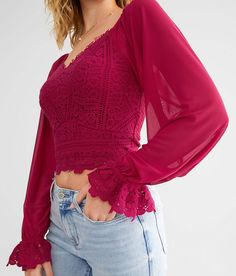 Willow & Root Crochet Cropped Top - Pink XX-Large, Women's Cerise Lined knit v-neck top Smocked back Contrast mesh sleeves Elasticized cuffs Bust measures 28 on size small Body length 17 on size small. Self: 100% Cotton. Lining: 96% Polyester 4% Spandex. Mesh: 90% Polyester 10% Spandex. Hand wash cold. Do not bleach. Lay flat to dry. Do not iron.. Measurements: Bust -Fullest part of bust with arms at sides. Waist -Circumference of natural waist: above belly button below rib cage. Hips -Standing Chic V-neck Crochet Top For Fall, Fall V-neck Top With Sheer Sleeves, Fall V-neck Crochet Top, Casual V-neck Lace Top With Lace Sleeves, V-neck Crochet Lace Top, Casual V-neck Blouse With Lace Sleeves, Chic V-neck Lace Top For Fall, Chic V-neck Lace Crochet Top, Stretch V-neck Top With Sheer Sleeves