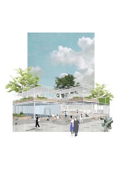 an artist's rendering of a building with people walking around it