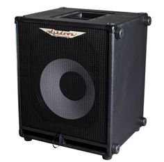 a black amp with an oval logo on the front and back side, sitting upright against a white background