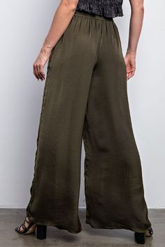 Give your wardrobe a stylish upgrade with these Olive Waist Elastic Wide Leg Satin Pants. Made of smooth satin fabric with an elasticized waistband, these pants provide a flattering fit while allowing for maximum comfort. The wide leg cut adds sophistication to your look. Fabric & fit: Model is wearing size Small. Satin Pants, Satin Fabric, Wide Leg, Satin, Elastic, Wardrobe, Pants, Fabric, How To Wear