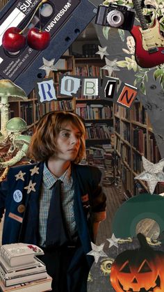 a collage of books, cds and pictures with the words rob on them in front of a library full of books