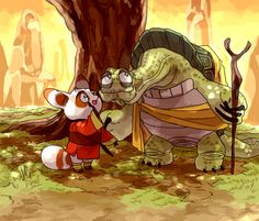 a cartoon character standing next to a small animal in front of a tree and another creature