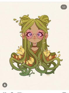 a drawing of a girl with green hair and flowers in front of her face,