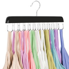 multicolored scarves hanging on a black hanger