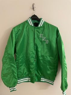 University of North Dakota Athletic Jacket- Quilted Lined Green Varsity Outerwear For Spring, University Of North Dakota, Saint Charles, North Dakota, Labour Day, Mens Jackets, Art Collection, Bathing Beauties, University