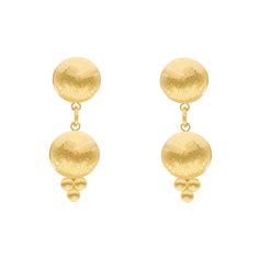 The Carinna Earrings are 18k gold plated and feature two connected dome shapes with three smaller balls hanging at the bottom. Measuring 1. 25 inches, they are handmade in Brazil and offer a unique and elegant design. 18k Gold Plated over Brass. August Birthstone Jewelry, July Birthstone Jewelry, Creating Jewelry, Gifts For New Mums, Jewelry Ring Box, Pearl Jewellery Earrings, Men's Jewelry Rings, Evil Eye Jewelry, August Birth Stone