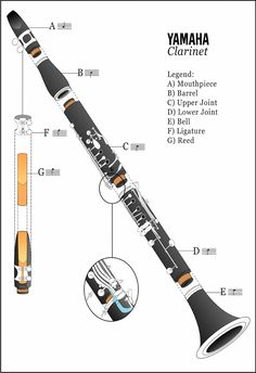 the yamaha clarinet is shown with its parts labeled in black, orange and white colors