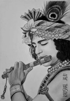 a pencil drawing of a woman with a feather on her head holding a flute in her hand