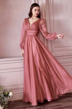 It can be difficult to find a bridesmaid dress that looks good on everyone, but this gorgeous ELVENE dress is perfect for bridesmaids of all shapes and sizes. The flattering fit and beautiful silhouette is sure to complement any figure. The dress features a chic V neckline with vertical pleating that is not only beautiful but flattering to the bust line, long sheer balloon sleeves with a ruched waist band panel to cinch at the waist. The dress is perfectly finished with the dress flowing down to Sleeve Bridesmaid Dress, Wedding Guest Gowns, Long Sleeve Bridesmaid Dress, Long Sleeve Chiffon Dress, Cinderella Divine, Evening Dresses With Sleeves, Wedding Guest Dress Summer