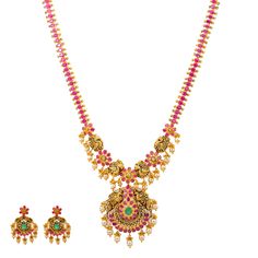 This one of a kind 22k yellow gold jewelry set for woman has a glimmering assortment of rubies, emeralds, and pearls embedded in a lush, feminine design. It's the perfect jewelry set for women to wear when they want to show off their cultural pride and heritage in the most elegant way. Features• 22K Antique Gold.• Emeralds. • Rubies.• Pearls. Specifications• Minimum Necklace Width - 2 millimeters • Maximum Necklace Width - 40 millimeters• Necklace Length - 28 inches• Minimum Earring Width - 3 mi 22k Gold Multi-stone Multicolor Jewelry, Multicolor Multi-stone 22k Gold Jewelry, Festival 22k Gold Multi-stone Jewelry, Festive Multicolor Ruby Jewelry, Multicolor 22k Gold Temple Jewelry, Yellow Gold Jeweled Temple Jewelry, Yellow Gold Ruby Jewelry For Festive Season, Festive Yellow Gold Ruby Jewelry, Multicolor Multi-stone Ruby Jewelry