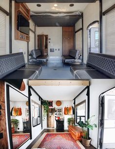 the inside and outside of an rv with couches, windows, and rugs