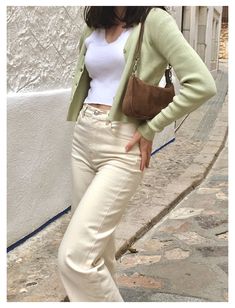 Cream Pants Outfit Summer, Light Green Cardigan Outfit, Green And Beige Outfit, Trendy Cardigan Outfit, Baguio Outfit, Beige Jeans Outfit, Green Jeans Outfit, Cream Pants Outfit, Butter Ideas