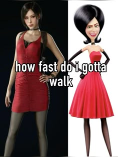 a woman in red dress next to an image of a cartoon character wearing black stockings