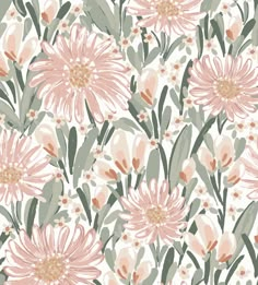 a floral wallpaper with pink flowers and green leaves