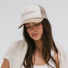 Gigi Pip trucker hats for women - Hey Cowboy Foam Trucker Hat - 100% polyester foam + mesh trucker hat with a curved brim featuring the words "hey cowboy" in a contrasting color as a design across the front panel [tan-cream] Summer Mesh Trucker Hat With Curved Brim, Adjustable Cream Snapback Hat For Summer, White Mesh Trucker Hat For Summer, Cream Trucker Hat For Summer Beach, Trendy Cream Baseball Cap For Summer, Beige Trucker Hat With Flat Brim, Summer Mesh Snapback Hat, Cream Flat Brim Baseball Cap For Summer, Adjustable Beige Trucker Hat