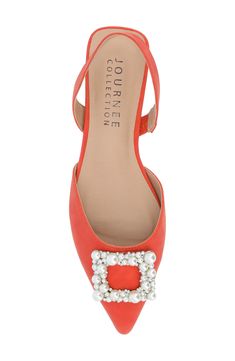 A faux pearl studded buckle brooch adorns the vamp of woven straw-textured pointed toe flat with a sleek slingback strap. Slingback strap Synthetic upper, lining and sole
 Imported Flat Slingback Pumps With Buckle For Party, Flat Slingback Pumps With Buckle Closure For Party, Slingback Flats, Journee Collection, The Vamps, Pearl Studs, Womens Flats, Faux Pearl, Nordstrom Rack