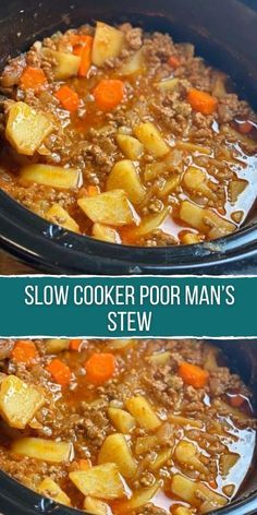 two pictures of slow cooker meals with meat and potatoes