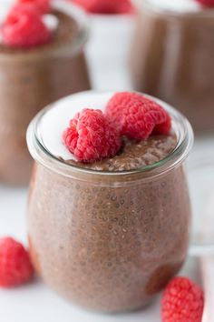 chocolate chia pudding with raspberries on top