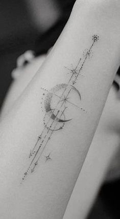 a woman's arm with a tattoo on it that has an image of the moon and stars