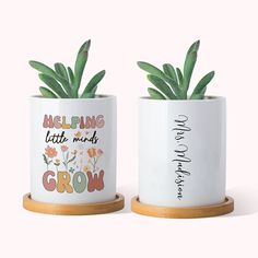 two ceramic planters with plants in them that say,'helping little minds grow '