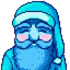 an old pixel art character with a blue beard and santa claus hat, sitting down in front of a white background