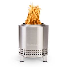 a stainless steel fire pit with flames coming out of the top and bottom, on an isolated white background