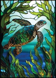 a stained glass painting of a turtle swimming in the ocean with seaweed and corals