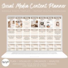 the social media content planner is displayed on an open laptop computer, with text overlaying it