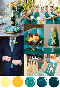 a collage of photos with different colors and designs on the theme of teal