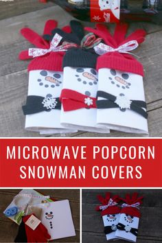 microwave popcorn snowman covers made out of paper and ribbon are on the table with other items