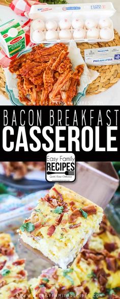 bacon breakfast casserole with eggs in the background and text overlay reading bacon breakfast casserole easy family recipes