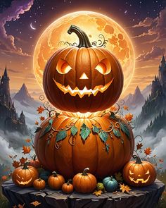 a pumpkin sitting on top of a pile of jack - o'- lanterns in front of a full moon