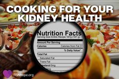 a magnifying glass over a table full of food with the words cooking for your kidney health