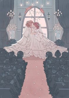 an illustration of two brides embracing each other in front of a window with chandeliers