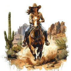 a woman riding on the back of a brown horse in front of a cactus tree