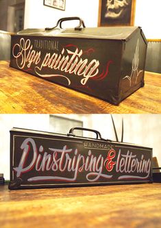 two pictures of a black and white box with writing on it that says, sign printing & lettering