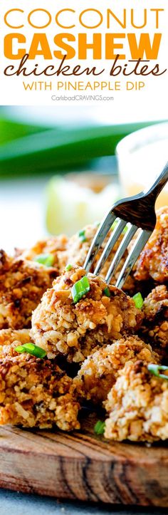 a close up of a plate of food with a fork in it and the words casseroni cashew chicken bites