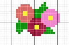 a cross stitch pattern with pink flowers on the bottom and yellow dots in the middle