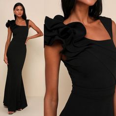 Nwot (New Without Tags, Never Washed Or Worn) - We Love The Elegant And Timeless Look Of The Lulus Lucette Black Sleeveless Ruffled Mermaid Maxi Dress! Medium-Weight Crepe Knit Shapes This Stunning Maxi Dress With A Seamed, Darted Bodice And Asymmetrical Square Neckline. A Flared Strap At One Side And Flouncy Ruffled Shoulder At The Other, Create A Statement-Making Look. A Fitted, Banded Waist And Figure-Flattering Maxi Skirt Fall To A Mermaid Hem. Hidden Back Zipper/Clasp. Bust: Great For Any C Fitted Maxi Dress With Ruffled Straps For Prom, Sleeveless Maxi Dress With Ruffle Hem For Prom, Formal Fitted Maxi Dress With Ruffled Straps, Fitted Maxi Dress With Ruffled Straps For Night Out, Ruffled Strap Maxi Dress For Night Out, Black Fitted Dress With Ruffled Straps, Elegant Black Maxi Dress With Ruffled Straps, Flirty Evening Maxi Dress With Ruffled Straps, Flirty Maxi Dress With Ruffled Straps For Evening