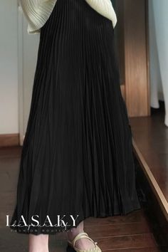 Lasaky - Elevated A-Line Pleated Skirt with Sophisticated High-Waist and Delicate Drape Accent Stylish Drapes, Polyester Skirt, Black F, Skirt Skirt, Color Fabric, Types Of Skirts, A Line Skirt, Skirt Length, Hijab Fashion