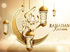 rama kareem greeting card with arabic calligraphy and hanging lanterns on bokeh background