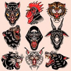 several different types of animal heads on a pink background with black and white lines in the middle