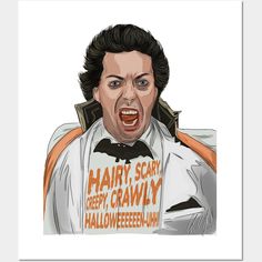 a drawing of a man with an angry look on his face, holding a sign that says harry scarry creepy crawlly halloween