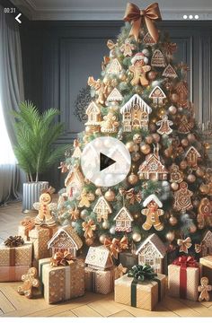 a christmas tree is decorated with gingerbreads and other holiday decorations, including gifts