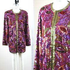 "This is a wow..with soo much sparkle!! Gold is the accent color and there are pinks and purples..really a beautiful piece!! a Long jacket, and in excellent condition! Measuring: 30\" length Width: 42\"+ Sleeves: 24\" Pet Free/smoke Free Enjoy!" Sequin Jacket, Cute Jackets, Jacket Long, Long Jacket, Sequin Beading, Sequin Top, Holiday Dresses, Accent Colors, Sequin Dress