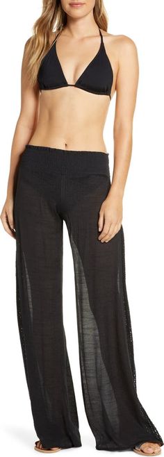 Elan Crochet Trim Wide Leg Cover-Up Pants | Nordstrom Stretch Open Knit Pants, Spring Beach Open Knit Bottoms, Casual Open Knit Summer Pants, Casual Open Knit Pants For Summer, Summer Beach Pants With Open Knit, Summer Open Knit Beach Pants, Open Knit Wide Leg Pants For Summer, Summer Beach Open Knit Pants, Wide Leg Open Knit Pants For Summer