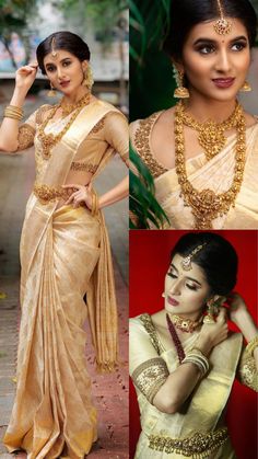 Bridal Makeover South Indian, Kerala Saree With Pink Blouse, Kerala Makeup Look, Engagement Jwellery Idea, Jwellery Idea With Saree, Kerala Bride Makeup, Muhurtham Makeup Look, Gold Bridal Saree South Indian