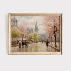 an oil painting of people walking on a rainy day in the city with pink trees