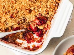 a close up of a casserole dish with crumbled topping