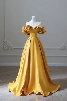 Off the Shoulder Yellow Satin Long Prom Dresses Gaun Ruffle, Prom Dresses Simple, Graduation Party Dresses, A Line Evening Dress, Yellow Satin, Satin Evening Dresses, Prom Dress Inspiration, فستان سهرة, A Line Prom Dresses